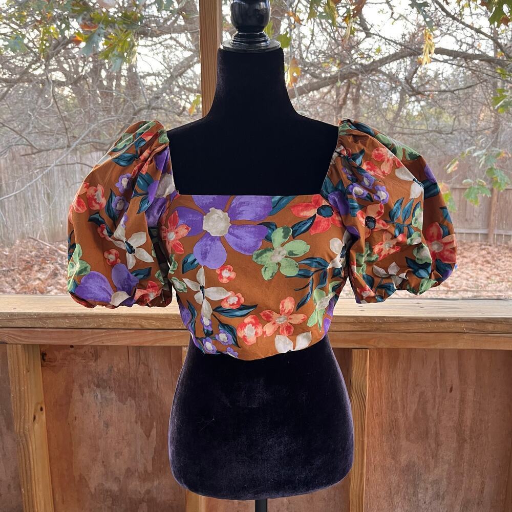 Current Air Los Angeles Women's Brown Floral Puff Sleeve Crop Top Size S